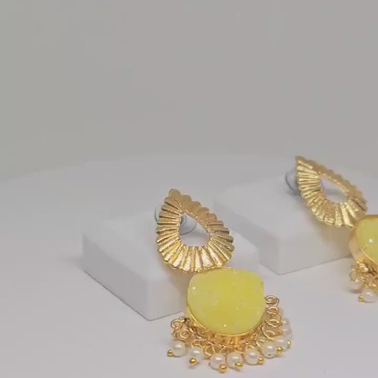 Traditional Brass Gold Plated Dangler Earrings with Blue Stone and Pearl Beads – Ethnic Jewelry for Women in Blue and Yellow Variations