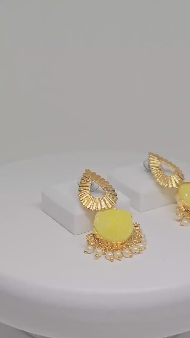 Traditional Brass Gold Plated Dangler Earrings with Blue Stone and Pearl Beads – Ethnic Jewelry for Women in Blue and Yellow Variations