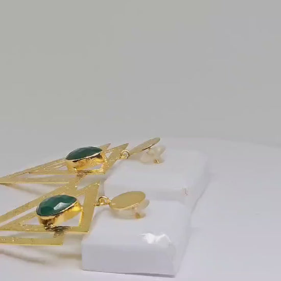 Geometric Beaten Brass Earrings with Green Stone – Statement Earrings for Women – Bohemian Lightweight Jewelry - Handmade Earrings