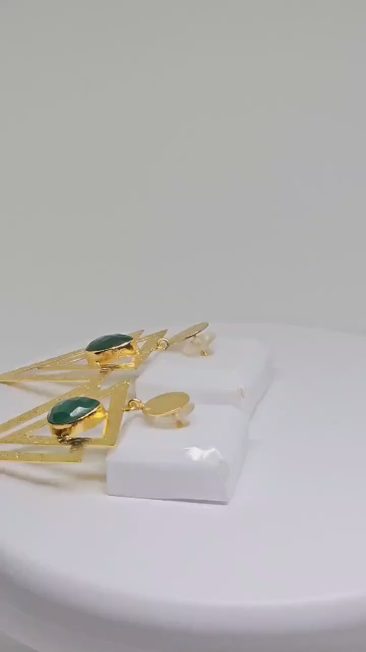 Geometric Beaten Brass Earrings with Green Stone – Statement Earrings for Women – Bohemian Lightweight Jewelry - Handmade Earrings
