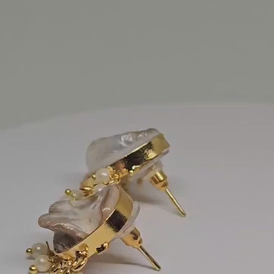 Gold Mother of Pearl Stud Earrings - Handmade Ethnic Earrings, Indian Bridal Earrings, Traditional Jewelry, Gift for Women
