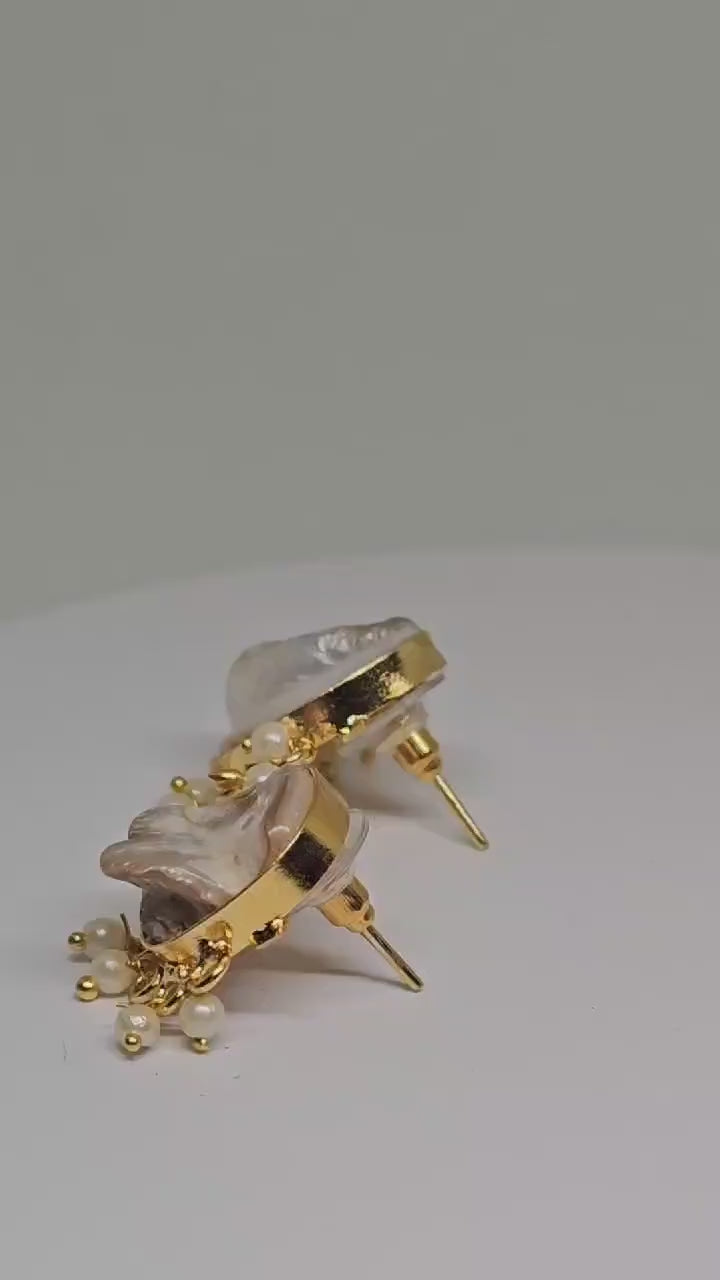Gold Mother of Pearl Stud Earrings - Handmade Ethnic Earrings, Indian Bridal Earrings, Traditional Jewelry, Gift for Women