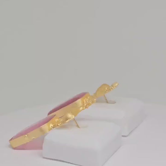 Gold Deer Monalisa Stone Earrings – Pink Gemstone Studs for Women, Elegant Animal Design Jewelry, Lightweight Earrings for Parties & Gifts