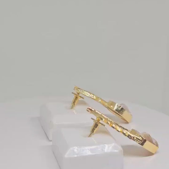 Gold Brass Leaf Earrings with Mother of Pearl Drop – Handmade Cute Statement Jewelry for Women, Perfect Gift for Her , Stone Earrings