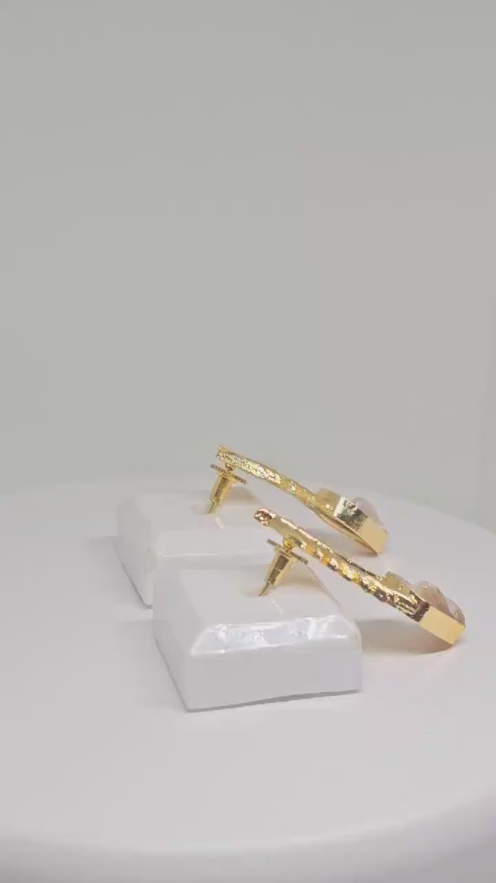 Gold Brass Leaf Earrings with Mother of Pearl Drop – Handmade Cute Statement Jewelry for Women, Perfect Gift for Her , Stone Earrings
