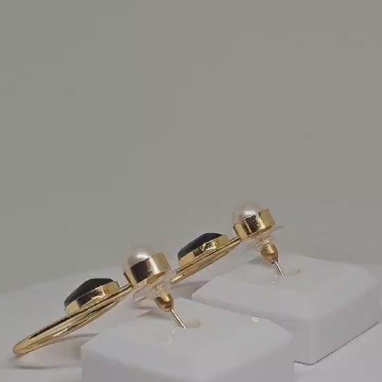 Teardrop Gold Brass Earrings with White Pearl and Green Stone – Handmade Lightweight Earrings for Women - Stone Earrings, Gift Ideas