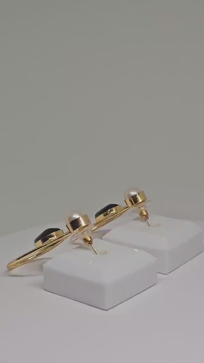 Teardrop Gold Brass Earrings with White Pearl and Green Stone – Handmade Lightweight Earrings for Women - Stone Earrings, Gift Ideas