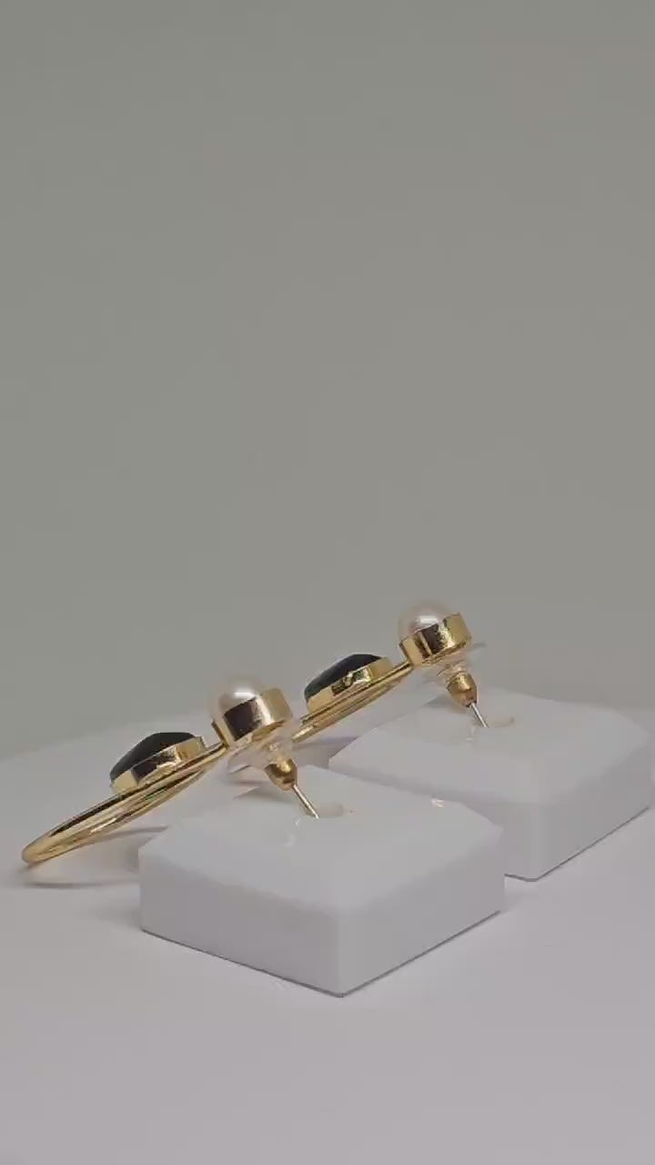 Teardrop Gold Brass Earrings with White Pearl and Green Stone – Handmade Lightweight Earrings for Women - Stone Earrings, Gift Ideas