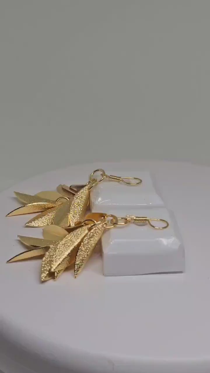 Handmade Gold Plated Leaf Dangle Earrings – Elegant Nature-Inspired Brass Jewelry for Stylish Women – Perfect for Casual and Formal Wear