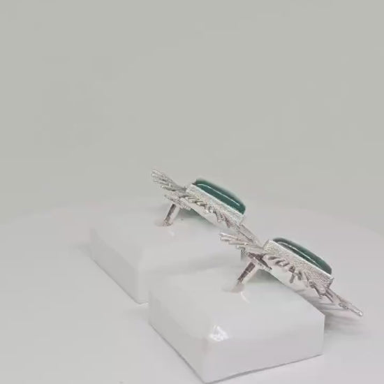 Green Monalisa Stone Stud Earrings with Silver Sunburst Design - Handmade Boho Chic Jewelry, Cute Fashion Accessory Gift Ideas for Women