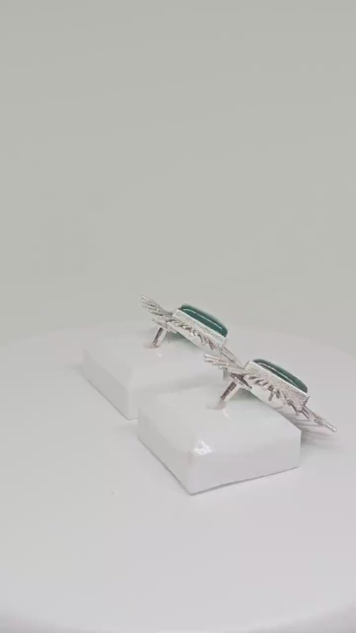 Green Monalisa Stone Stud Earrings with Silver Sunburst Design - Handmade Boho Chic Jewelry, Cute Fashion Accessory Gift Ideas for Women