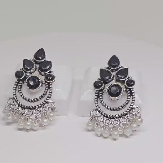 Handcrafted Boho Black Onyx & Pearl Chandbali Earrings , Vintage Tribal Statement Jewelry , Ethnic Silver Drop Earrings for Women , Gift