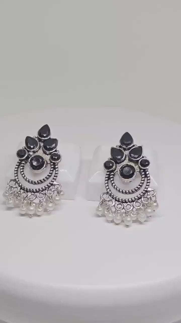 Handcrafted Boho Black Onyx & Pearl Chandbali Earrings , Vintage Tribal Statement Jewelry , Ethnic Silver Drop Earrings for Women , Gift