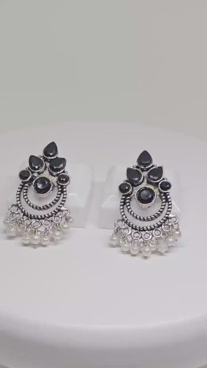 Handcrafted Boho Black Onyx & Pearl Chandbali Earrings , Vintage Tribal Statement Jewelry , Ethnic Silver Drop Earrings for Women , Gift