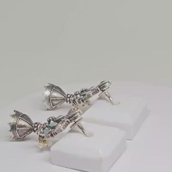 Oxidised Antique Silver and Turquoise Chandelier Earrings with Pearl Accents – Vintage-Inspired Statement Jewelry for Special Occasions