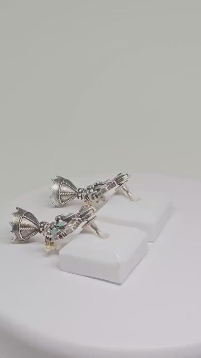 Oxidised Antique Silver and Turquoise Chandelier Earrings with Pearl Accents – Vintage-Inspired Statement Jewelry for Special Occasions