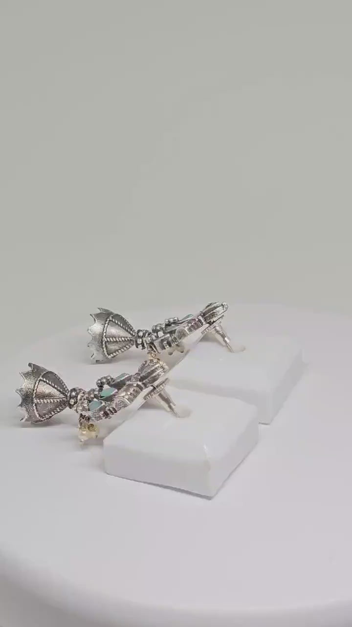 Oxidised Antique Silver and Turquoise Chandelier Earrings with Pearl Accents – Vintage-Inspired Statement Jewelry for Special Occasions