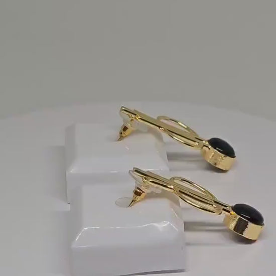 Modern Minimalist Gold and Black Stone Earrings - Brass Drop Design for Everyday Wear, Statement Jewelry, Handmade, Cute , Unique Gift Idea
