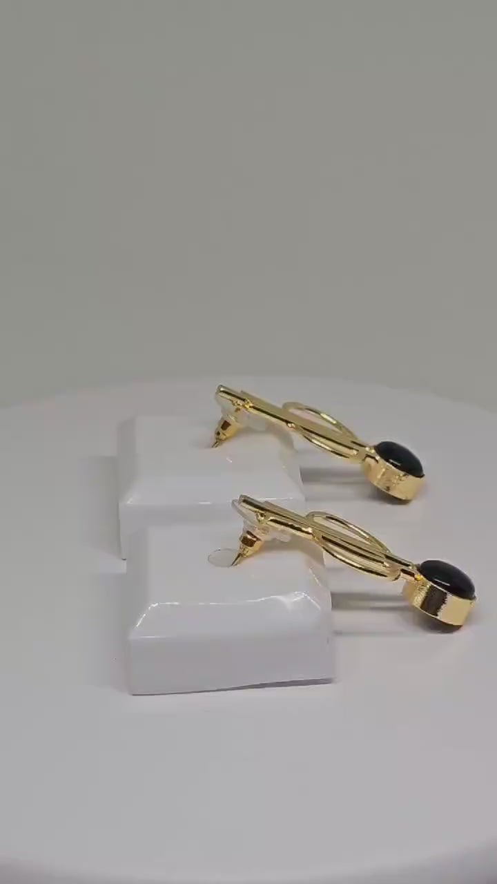 Modern Minimalist Gold and Black Stone Earrings - Brass Drop Design for Everyday Wear, Statement Jewelry, Handmade, Cute , Unique Gift Idea