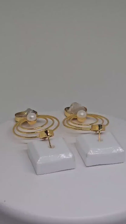 Gold Spiral Drop Earrings with Mother-of-Pearl and Teardrop Studs – Statement Handmade Jewelry for Women, Stone Brass Earrings for Her
