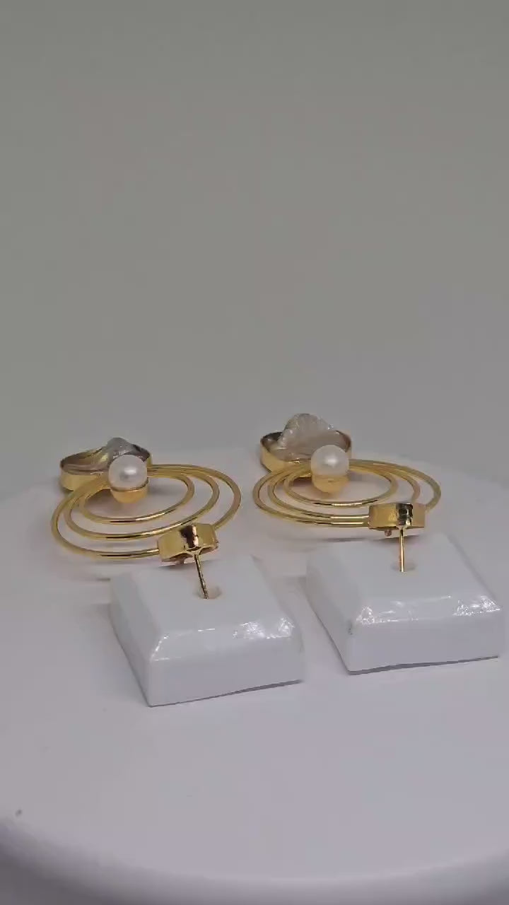 Gold Spiral Drop Earrings with Mother-of-Pearl and Teardrop Studs – Statement Handmade Jewelry for Women, Stone Brass Earrings for Her