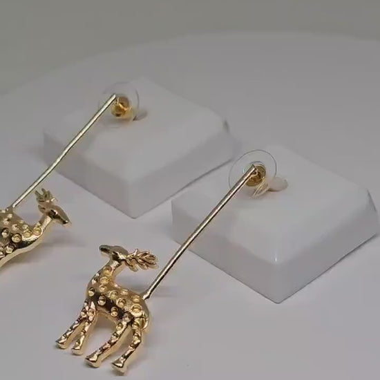 Golden Brass Reindeer Dangle Earrings - Festive Statement Jewelry for Women - Christmas-Inspired Lightweight Accessories - Gift Ideas