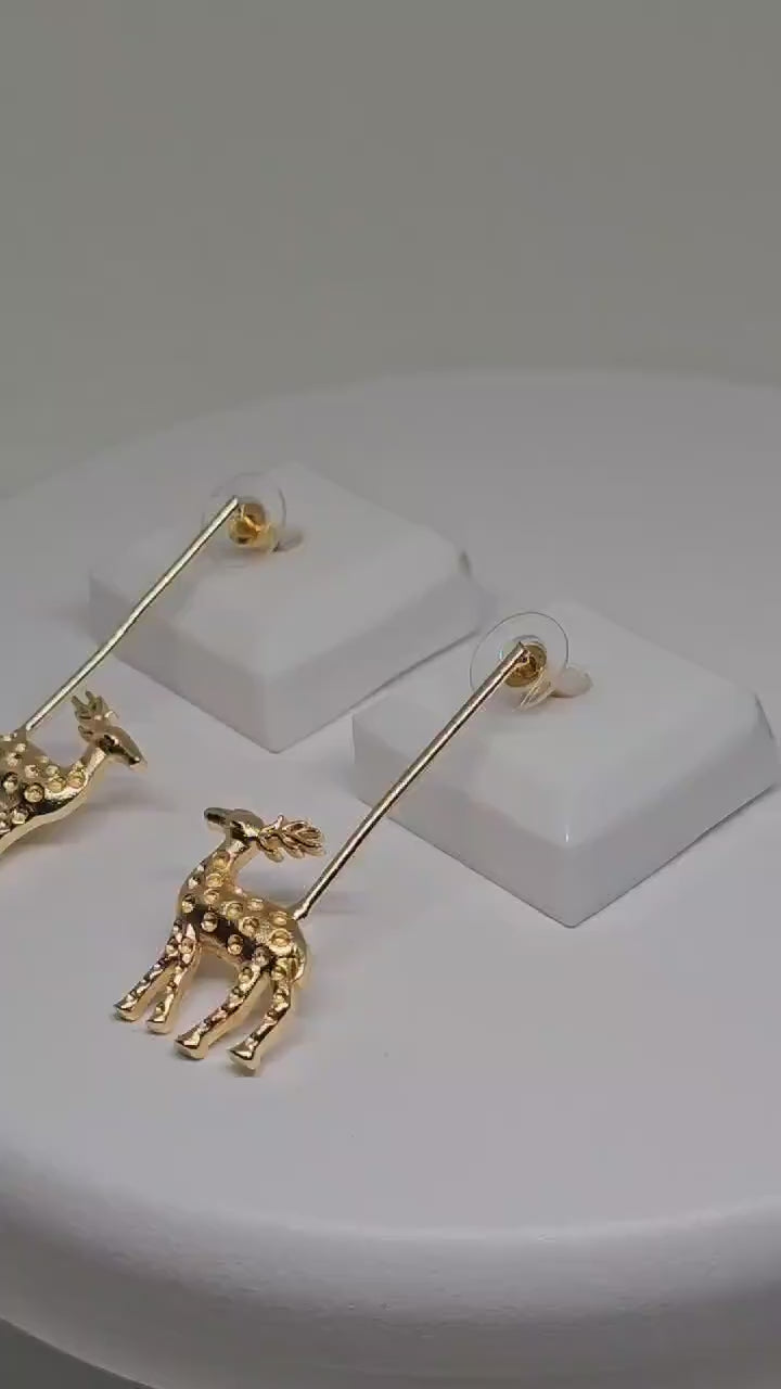 Golden Brass Reindeer Dangle Earrings - Festive Statement Jewelry for Women - Christmas-Inspired Lightweight Accessories - Gift Ideas