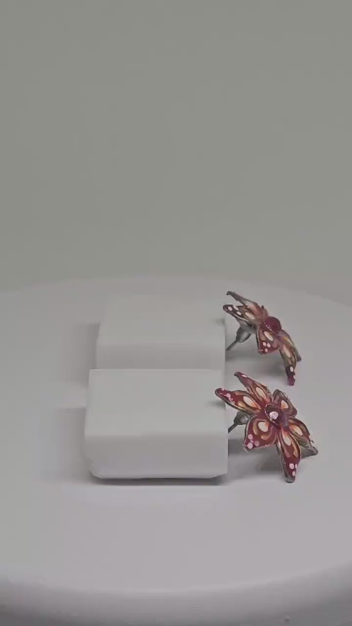 HAND PAINTED FLORAL Enamel Earrings - Vibrant Red and Gold Petal Design, Unique Jewelry for Women Girls, Elegant and Lightweight Accessories
