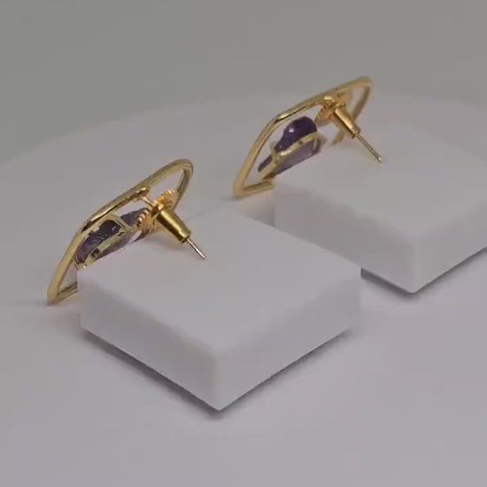 Boho Brass Earrings with Raw Amethyst Stone - Geometric Square Design, Handmade Purple Statement Jewelry for Women , Unique Gift Idea