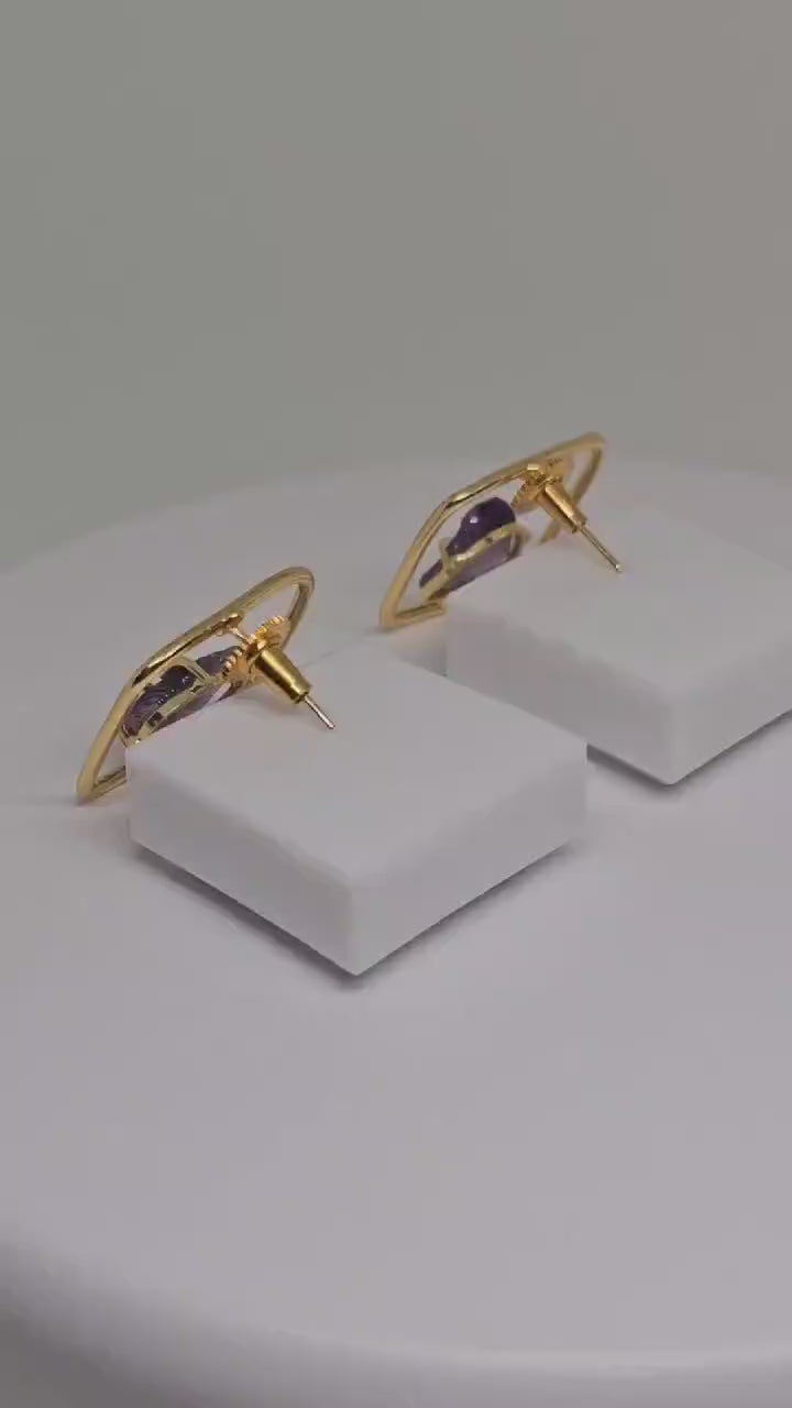 Boho Brass Earrings with Raw Amethyst Stone - Geometric Square Design, Handmade Purple Statement Jewelry for Women , Unique Gift Idea