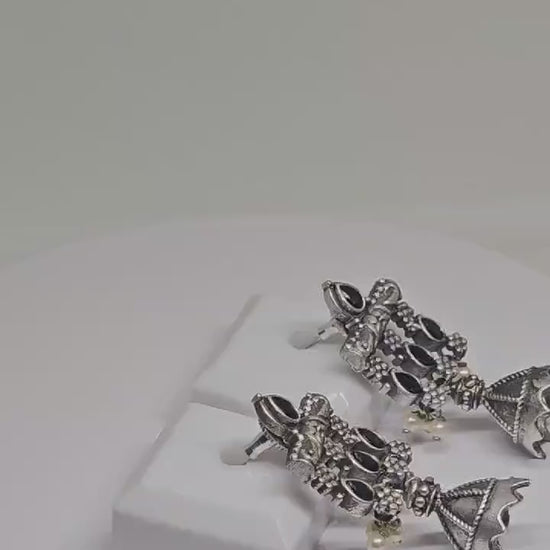 OXIDISED SILVER EARRINGS- Black stones with White Pearls hanging Petite Jhumka Jhumki Jewellery , Indian Design Accessory Gift Ideas