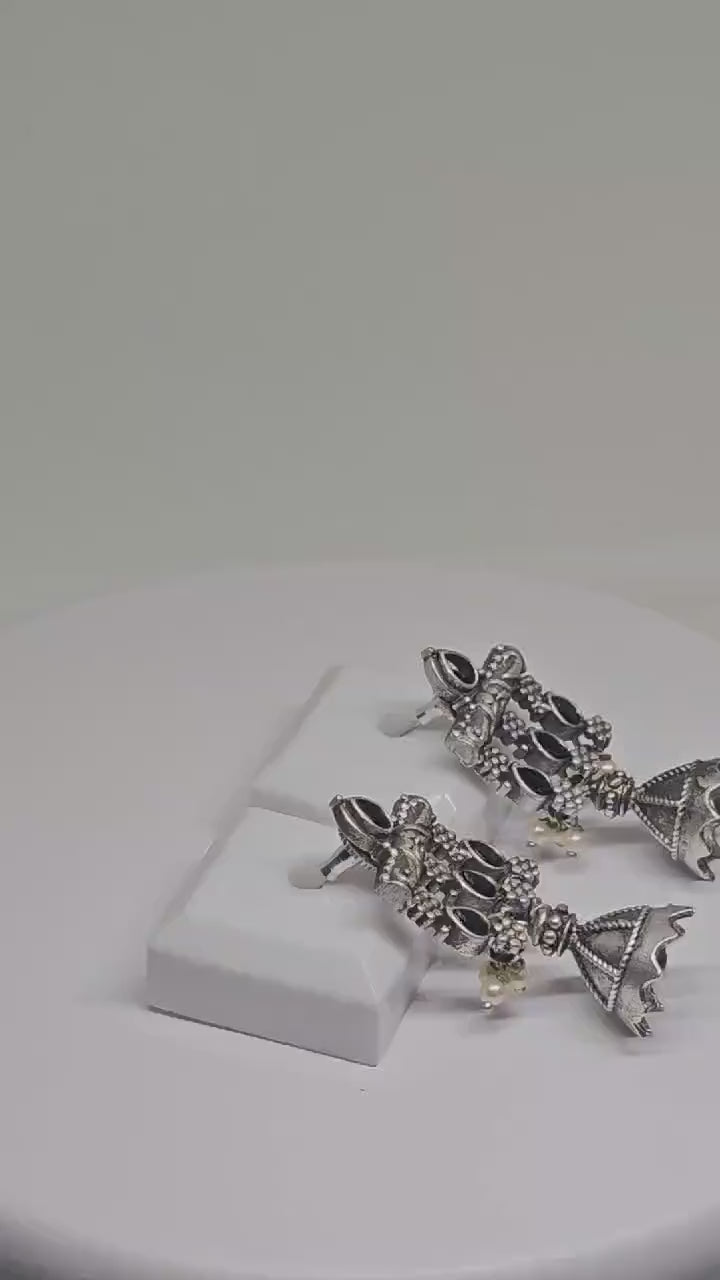 OXIDISED SILVER EARRINGS- Black stones with White Pearls hanging Petite Jhumka Jhumki Jewellery , Indian Design Accessory Gift Ideas
