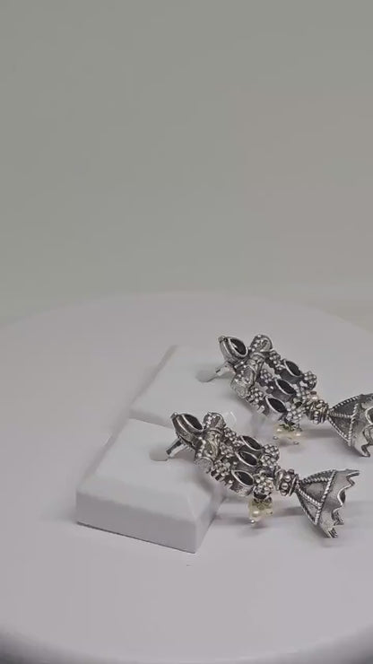 OXIDISED SILVER EARRINGS- Black stones with White Pearls hanging Petite Jhumka Jhumki Jewellery , Indian Design Accessory Gift Ideas