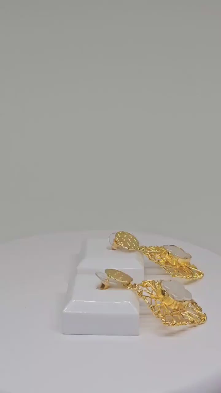 Gold Wireframe Drop Earrings with Floral Center – Handmade Lightweight Jewelry, Statement Design for Women, Gift Ideas, Christmas