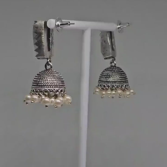 Silver Jhumka Earrings with Grey Stone and Pearl Dangles, Traditional Indian Jewelry, Handcrafted Ethnic Statement Earrings, Boho Accessory