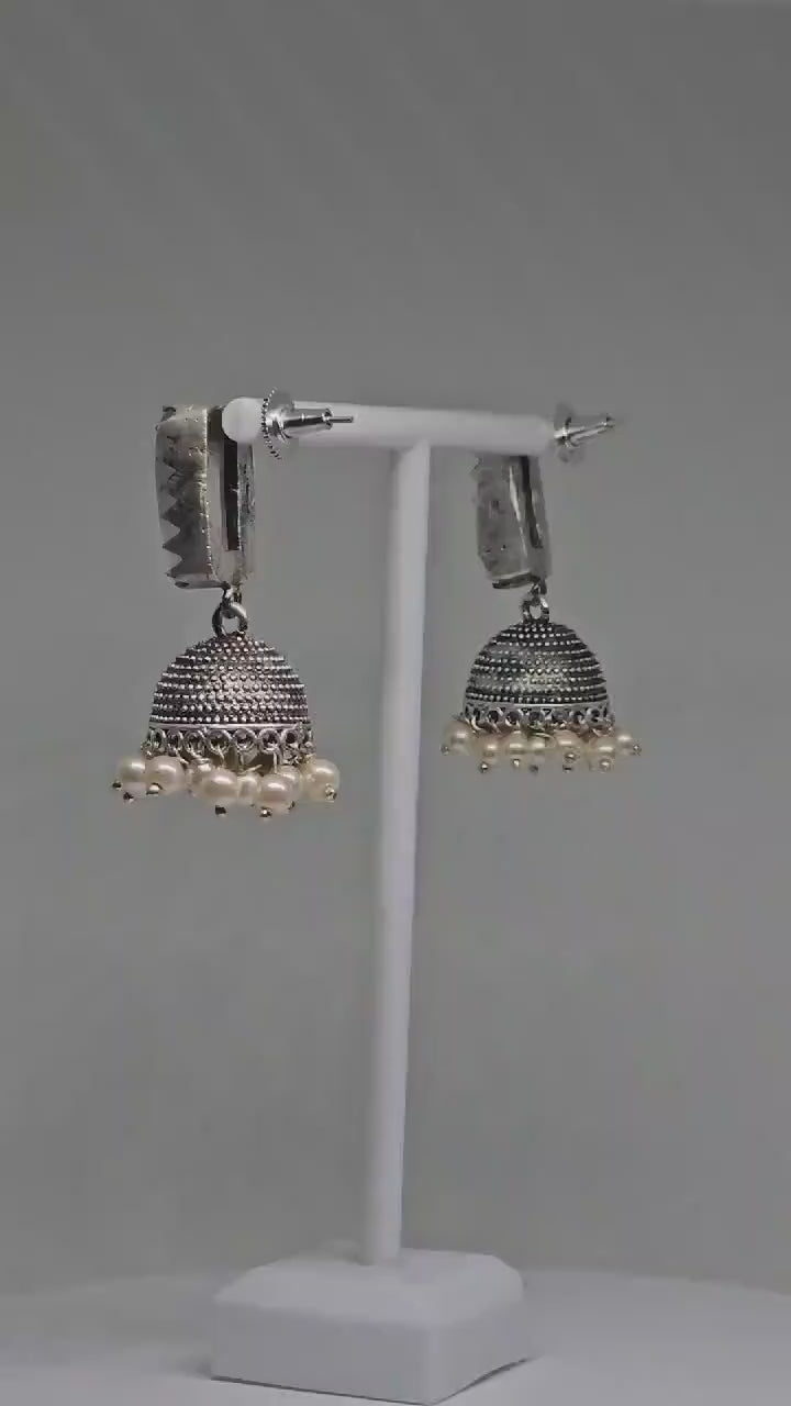 Silver Jhumka Earrings with Grey Stone and Pearl Dangles, Traditional Indian Jewelry, Handcrafted Ethnic Statement Earrings, Boho Accessory