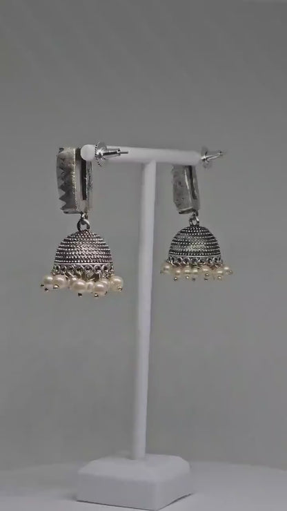 Silver Jhumka Earrings with Grey Stone and Pearl Dangles, Traditional Indian Jewelry, Handcrafted Ethnic Statement Earrings, Boho Accessory