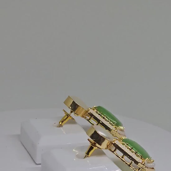 Green Square Stone Earrings with Beaded Border – Handmade Gold Stud Earrings for Women’s Unique Statement Style, Gift Ideas for her