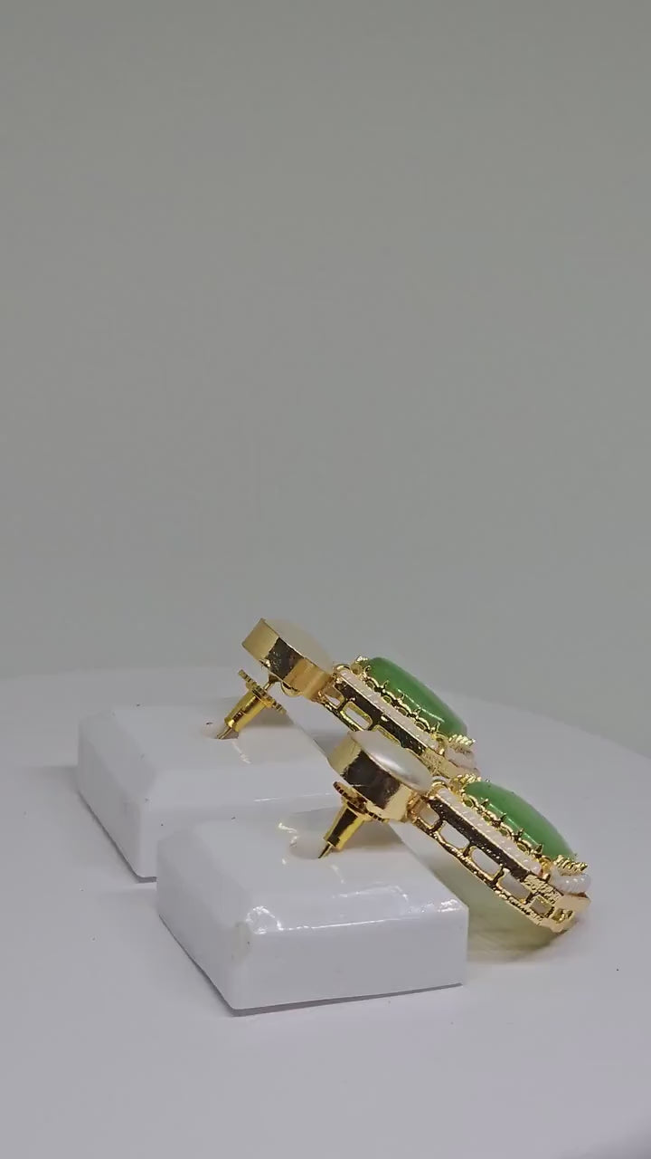 Green Square Stone Earrings with Beaded Border – Handmade Gold Stud Earrings for Women’s Unique Statement Style, Gift Ideas for her