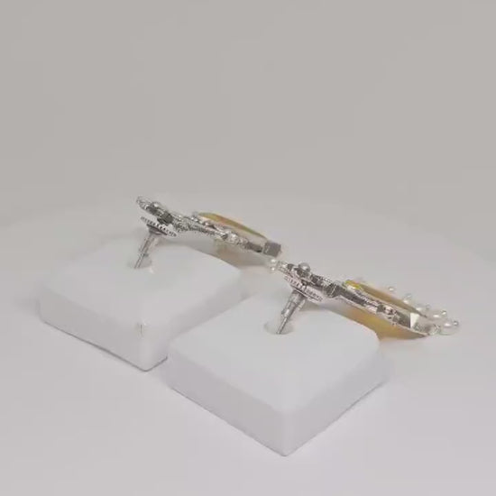 Antique Silver Yellow Monalisa Stone Dangle Earrings with Pearls , Ethnic Indian Handmade Jewelry, Boho-Chic Fashion Earrings , Gift Ideas