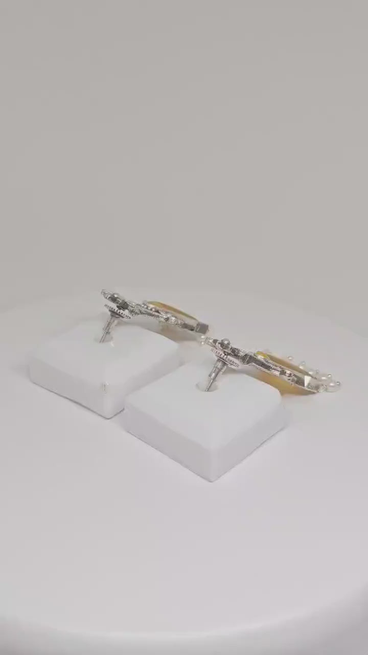 Antique Silver Yellow Monalisa Stone Dangle Earrings with Pearls , Ethnic Indian Handmade Jewelry, Boho-Chic Fashion Earrings , Gift Ideas