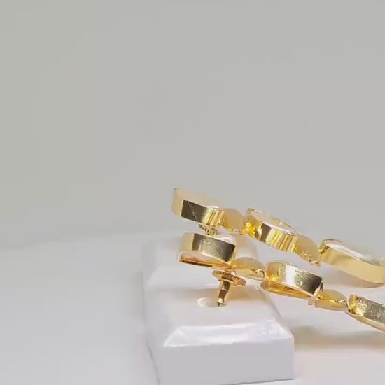 Gold Tone Drop Brass Earrings with Irregular Mother of Pearl Stones , Modern Geometric Design , Luxurious Statement Jewelry , Light weight