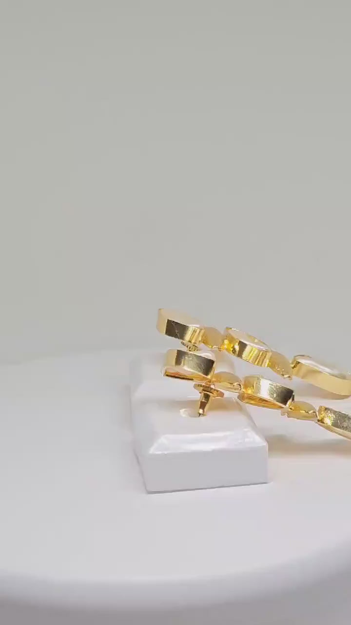 Gold Tone Drop Brass Earrings with Irregular Mother of Pearl Stones , Modern Geometric Design , Luxurious Statement Jewelry , Light weight
