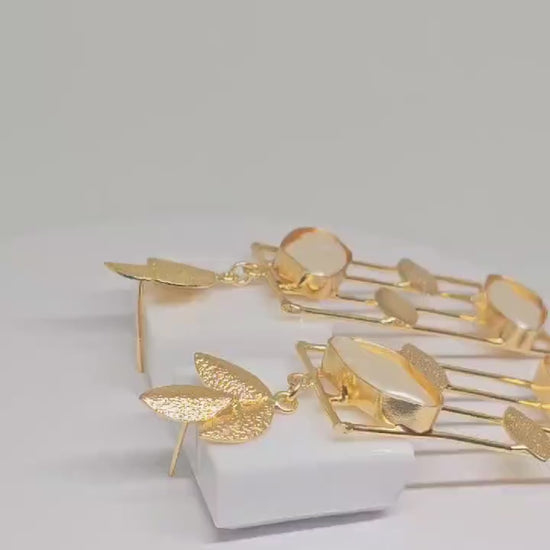 Gold-Plated Brass Drop Earrings with Mother of Pearl Stones, Geometric Frame Design, Elegant Leaf Accents, Luxury Handmade Jewelry for Women