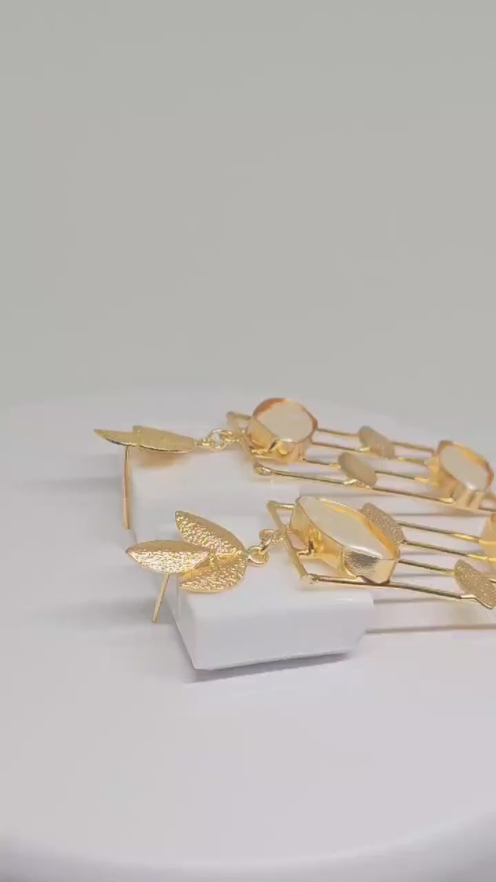 Gold-Plated Brass Drop Earrings with Mother of Pearl Stones, Geometric Frame Design, Elegant Leaf Accents, Luxury Handmade Jewelry for Women