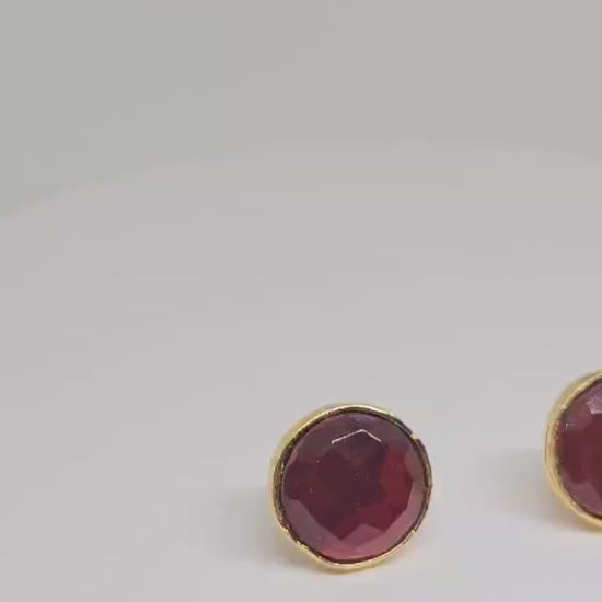 Elegant Brass Stud Earrings with Deep Red Gemstone - Minimalist Handcrafted Jewelry for Women, Perfect for Everyday and Special Occasions