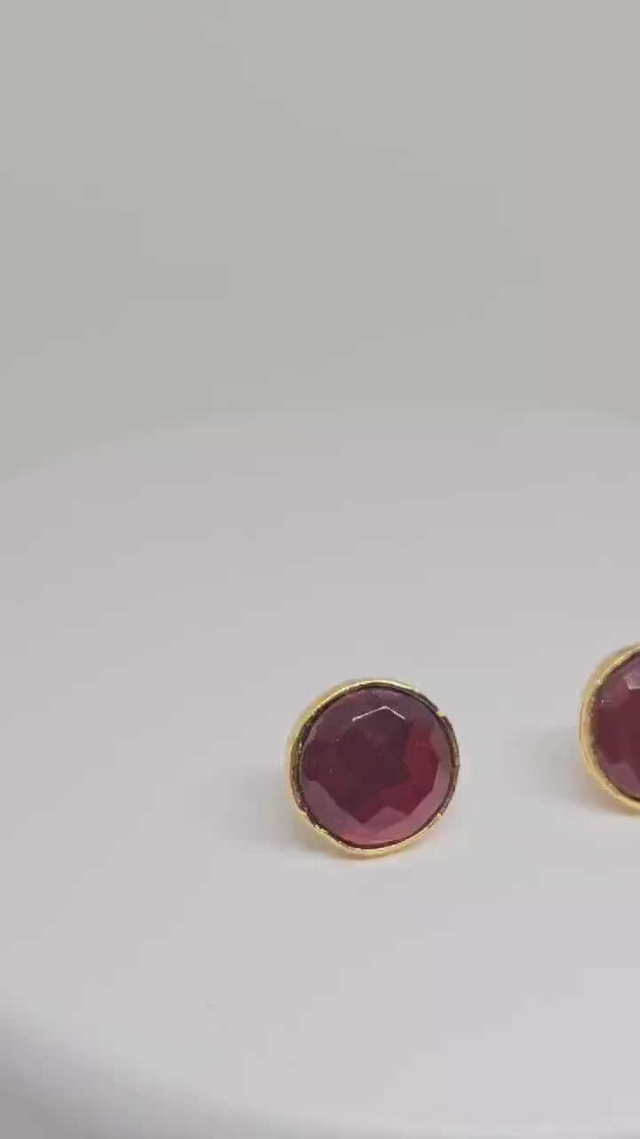 Elegant Brass Stud Earrings with Deep Red Gemstone - Minimalist Handcrafted Jewelry for Women, Perfect for Everyday and Special Occasions