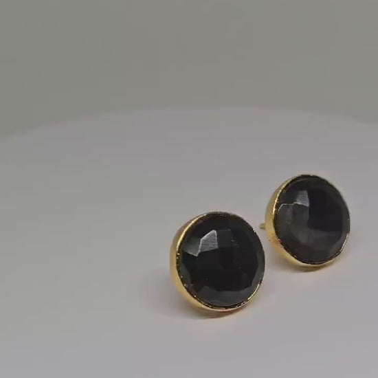 Elegant Brass Stud Earrings with Faceted Black Stones - Modern Minimalist Jewelry, Everyday Wear, Chic and Indian Accessories for her, Gift