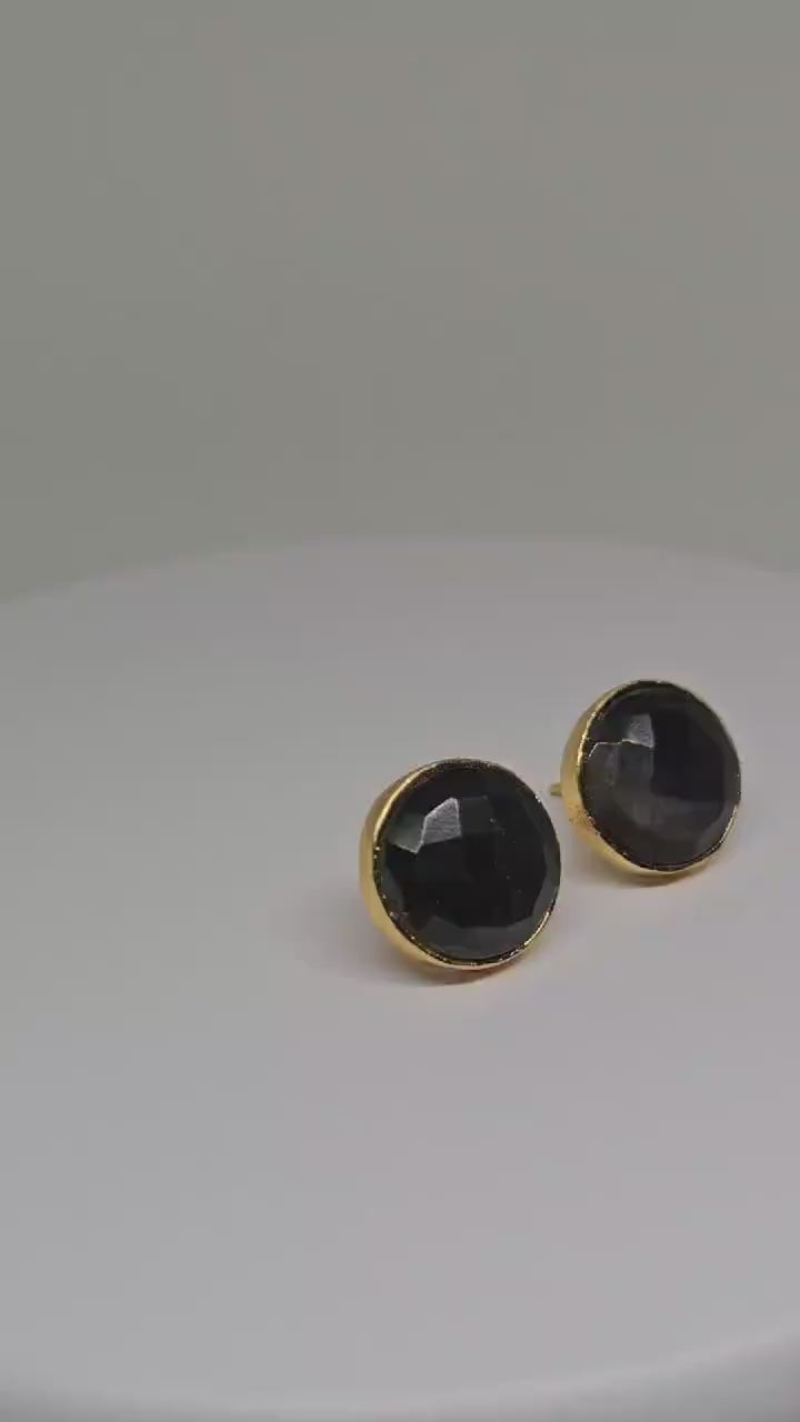 Elegant Brass Stud Earrings with Faceted Black Stones - Modern Minimalist Jewelry, Everyday Wear, Chic and Indian Accessories for her, Gift
