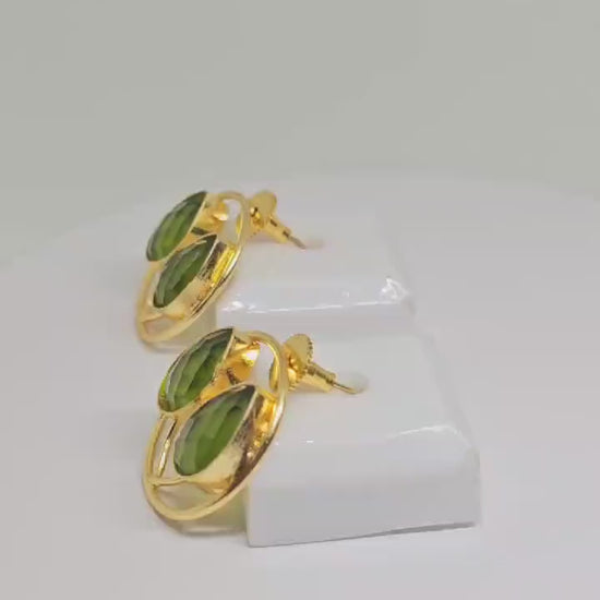 Gold Plated Round Brass Earrings with Faceted Peridot Stones – Handmade Jewelry for Women – Elegant and Stylish Green Gemstone Stud Earrings